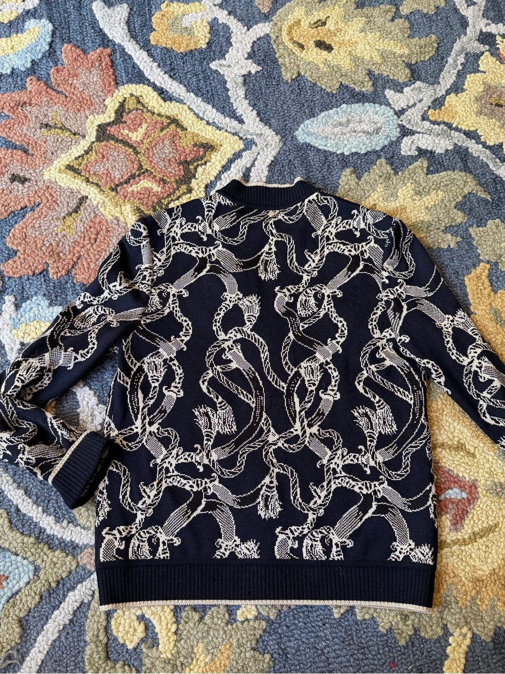St. John Sport Knit Cardigan Black + Gold Metallic Chain Pattern SZ Small FLAWED - Picture 7 of 9